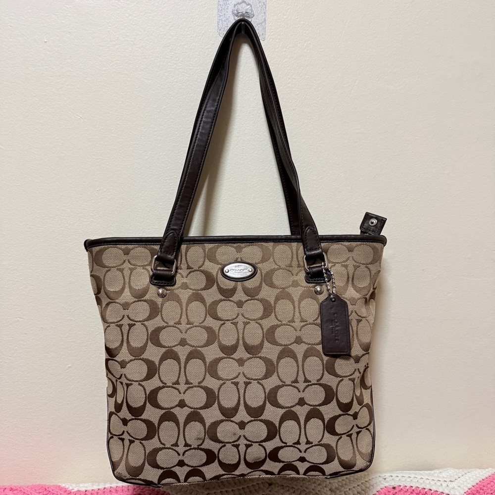 Coach signature Zip top tote khaki and mahogany